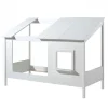 Lit cabane enfant avec toit et fenêtre en bois blanc 90x200