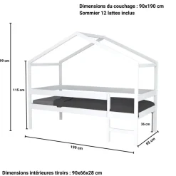 Lit cabane enfant bois blanc laqué 90x190 - LT14054