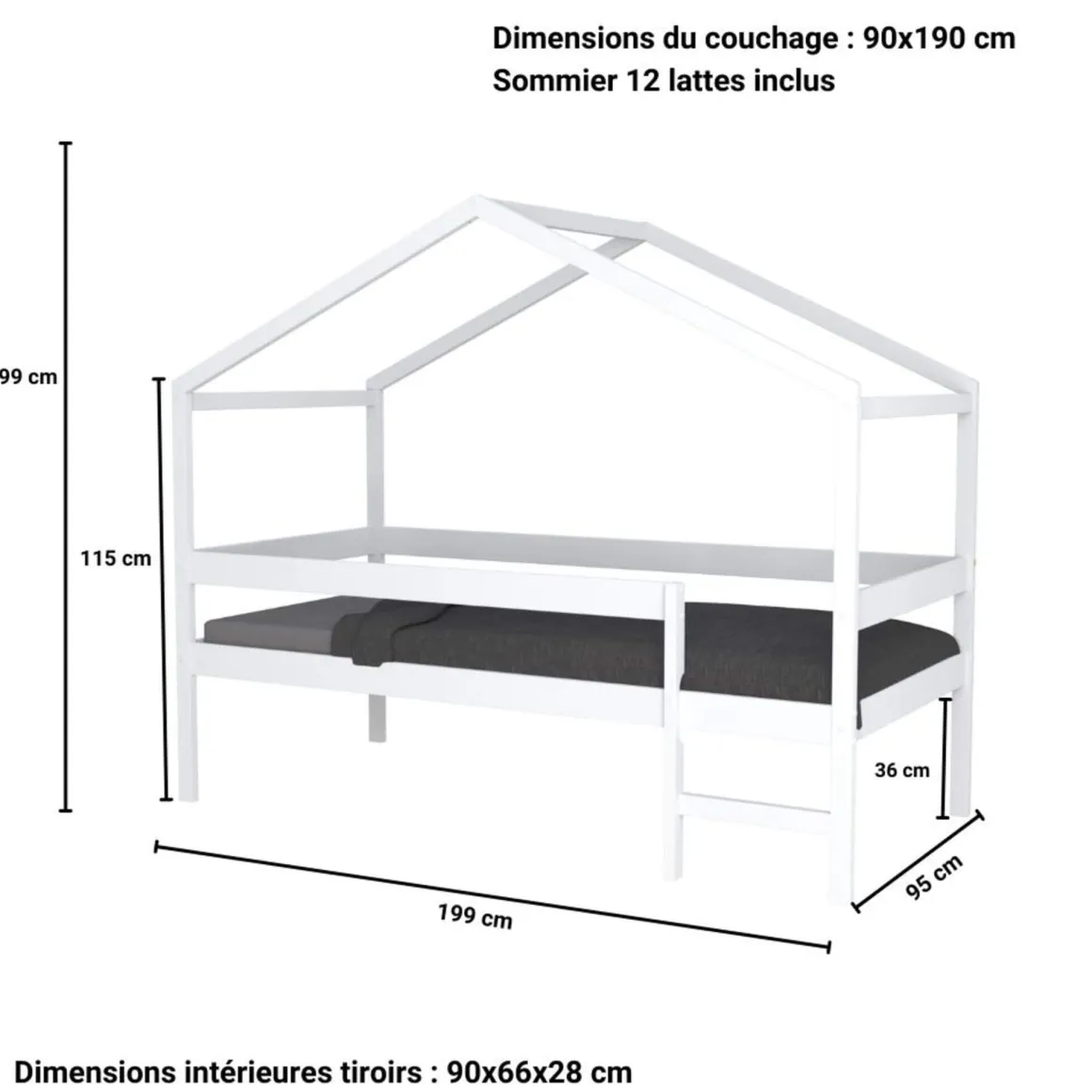 Lit cabane enfant bois blanc laqué 90x190 - LT14054