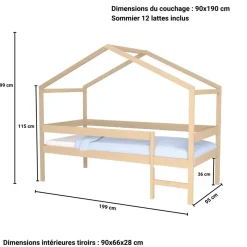 Lit cabane enfant bois naturel laqué 90x190 - LT14052
