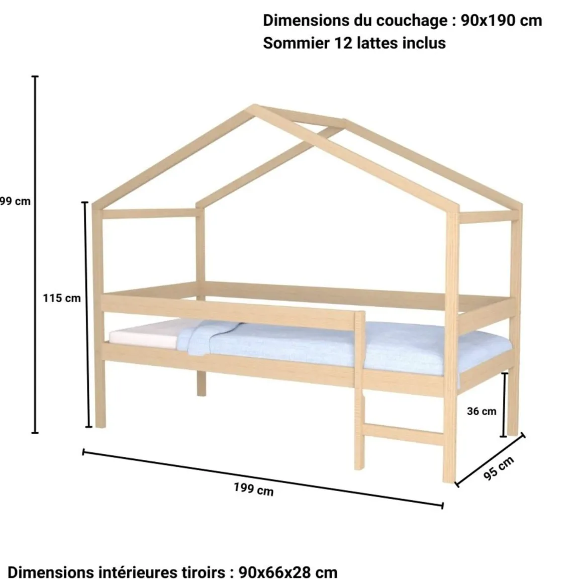 Lit cabane enfant bois naturel laqué 90x190 - LT14052