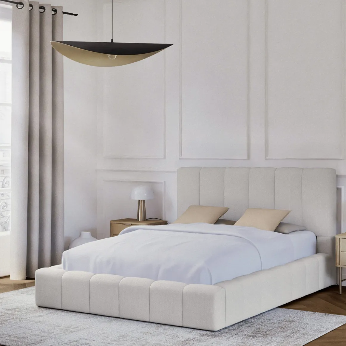 Lit coffre en tissu avec tête de lit beige