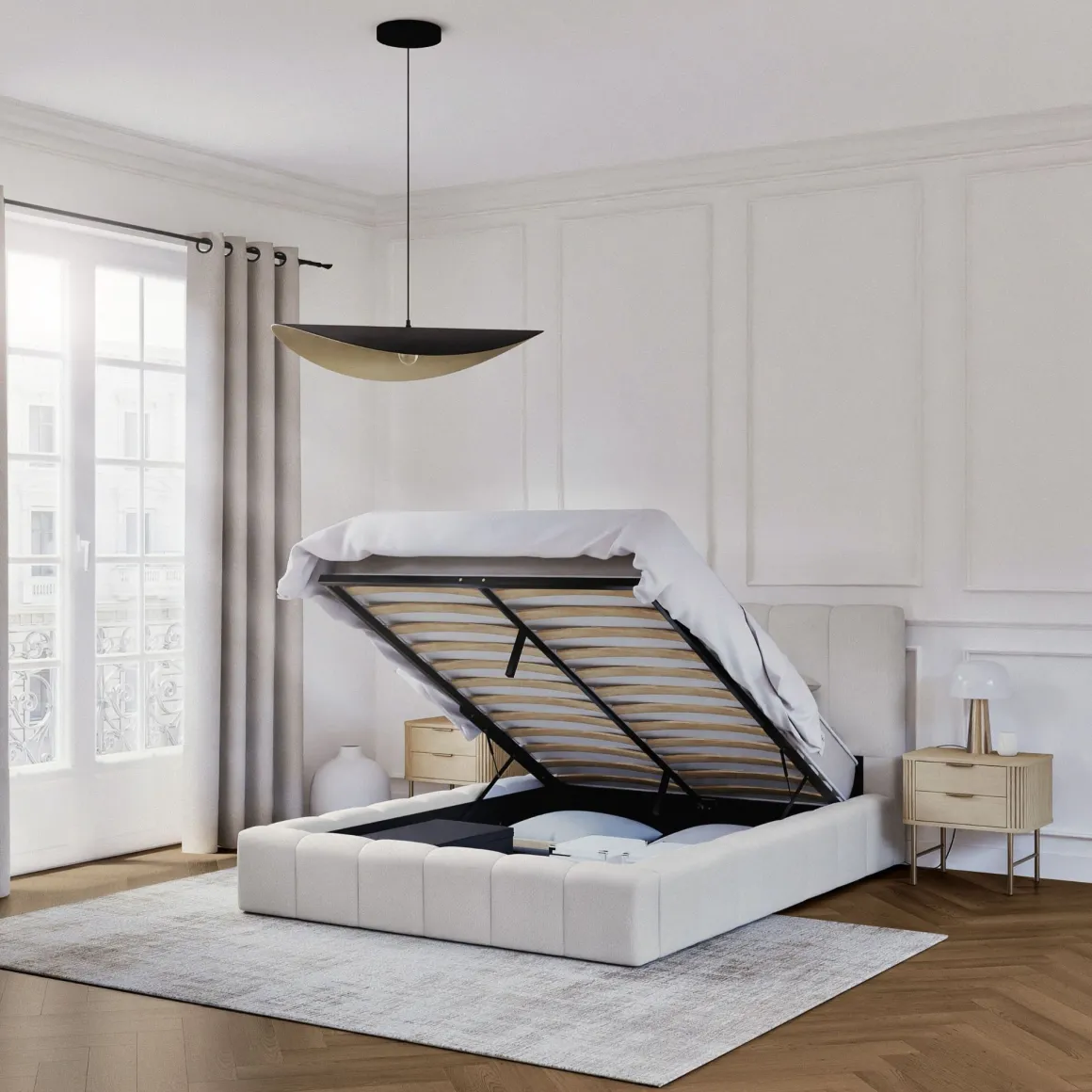 Lit coffre en tissu avec tête de lit beige