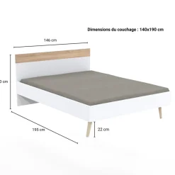 Lit double 140x190cm, blanc et chêne blanchi