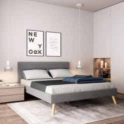 Lit en bois avec tête de lit tissu gris clair - LT17020