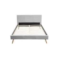 Lit en bois avec tête de lit tissu gris clair - LT17020