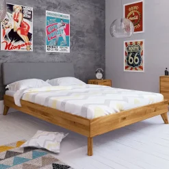 Lit en chêne massif avec tête de lit en tissu - LT36010