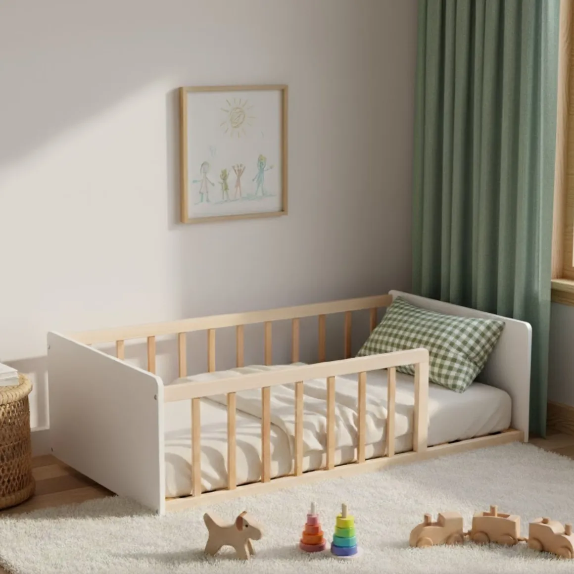 Lit enfant inspiration Montessori au sol à barreaux