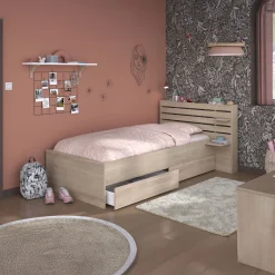 Lit enfant 90x190/200 chevet et tiroirs inclus bois naturel CLEM