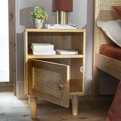 Lit en pin massif avec véritable cannage + table de chevet cannage ANNA