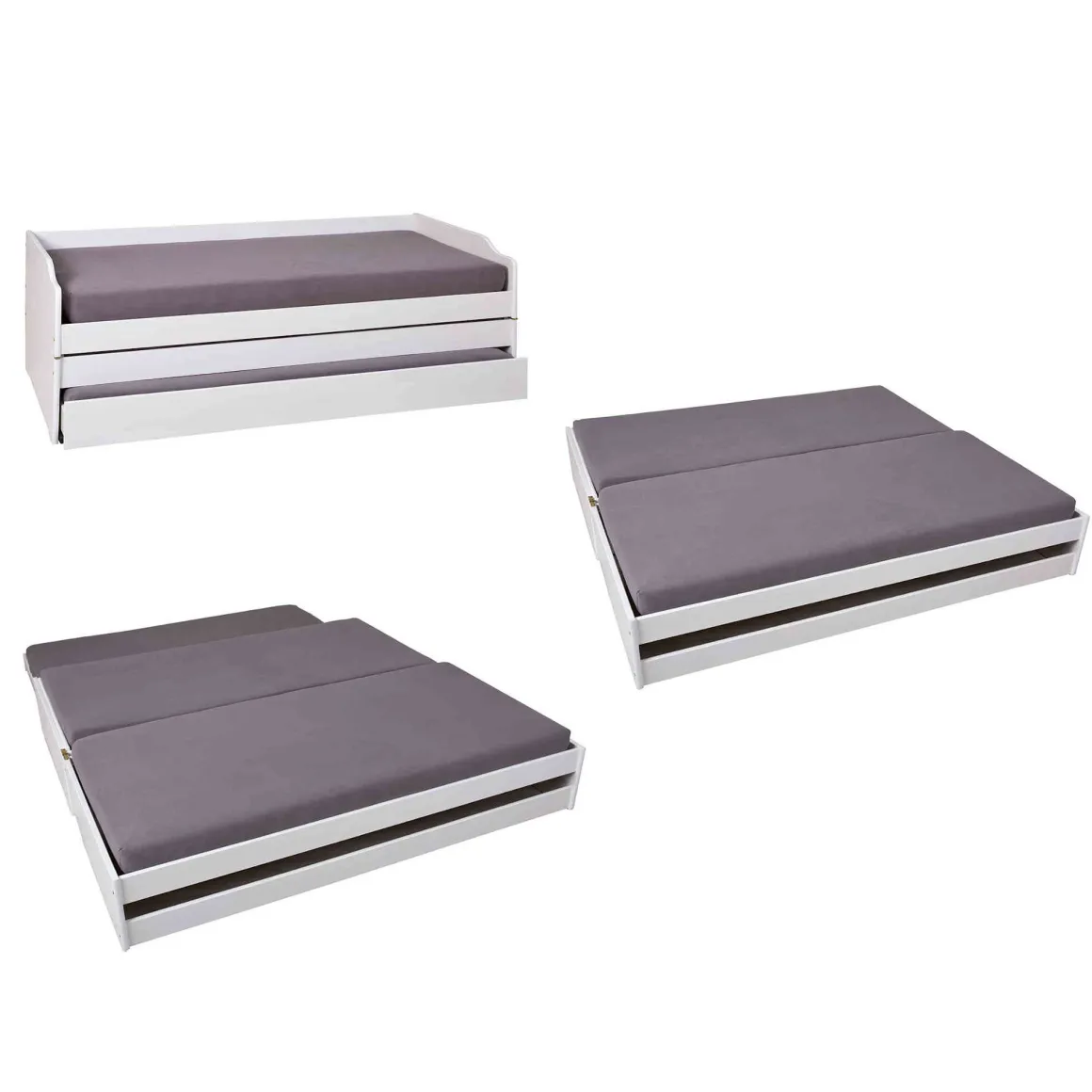 Lit gigogne 3 couchages en bois massif blanc laqué - LT12015