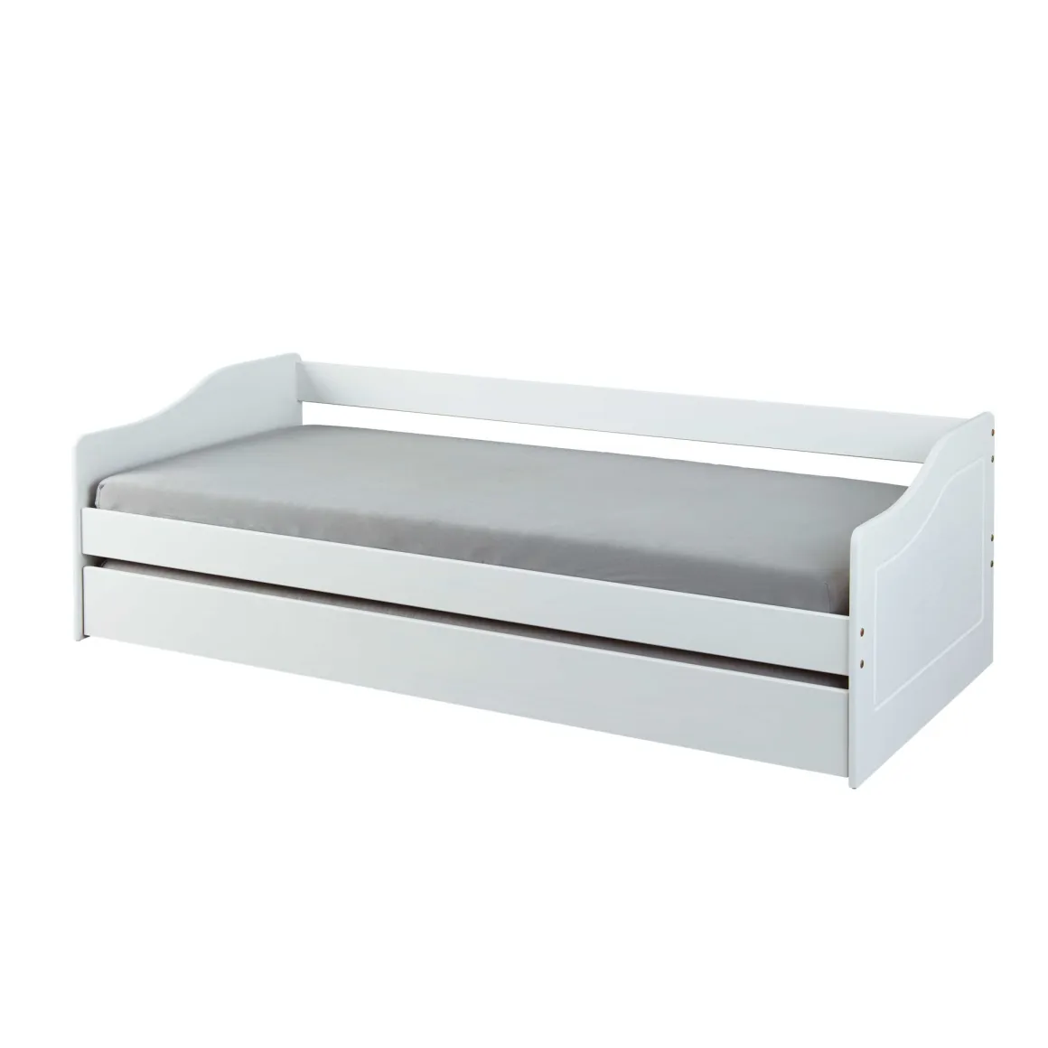 Lit gigogne en bois massif blanc avec sommier à lattes intégré 90x190 - LT12125