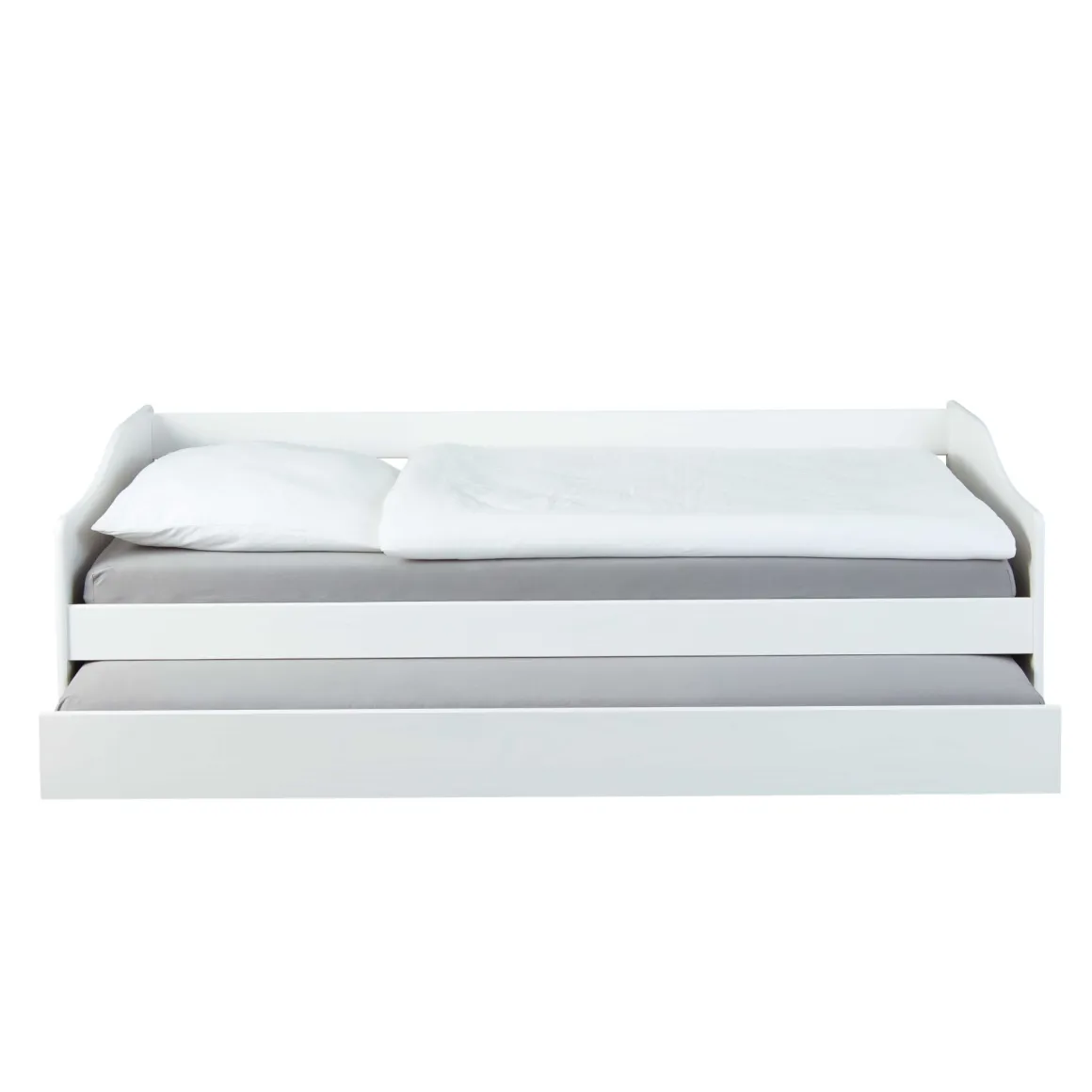 Lit gigogne en bois massif blanc avec sommier à lattes intégré 90x190 - LT12125
