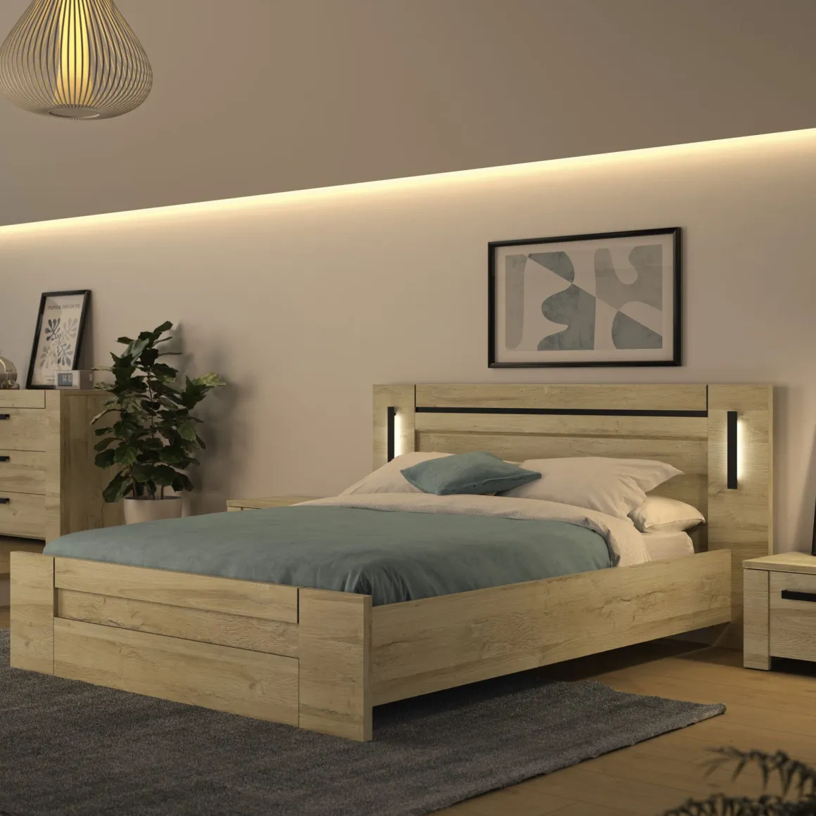 Lit led sensitive avec 2 chevets en bois clair - LT5082
