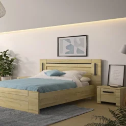Lit led sensitive avec 2 chevets en bois clair - LT5082