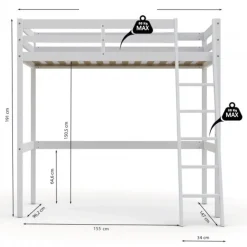 Lit mezzanine en bois massif blanc - LT14036