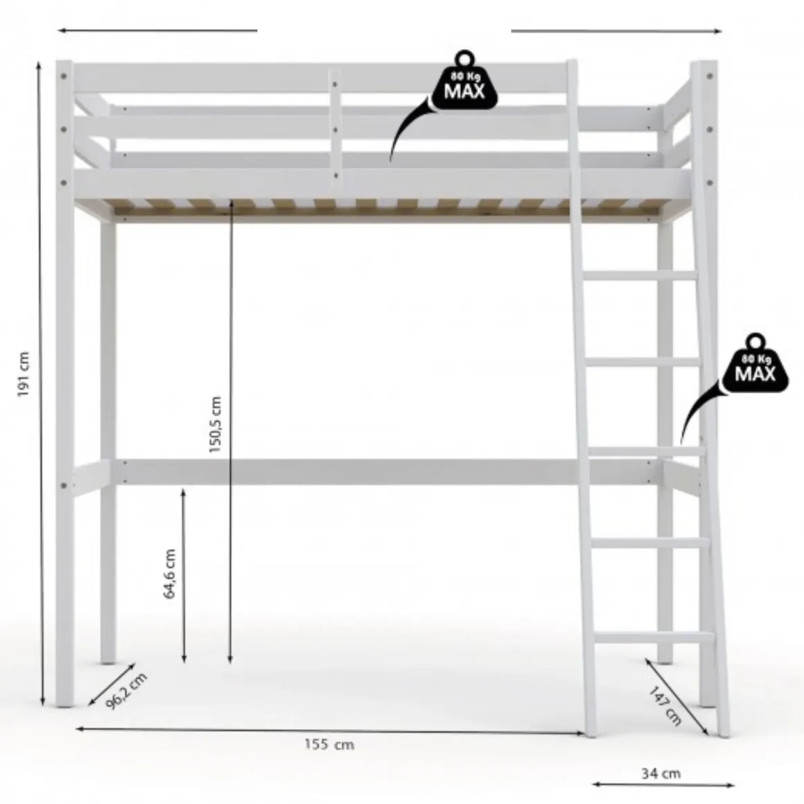Lit mezzanine en bois massif blanc - LT14036