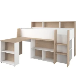 Lit mezzanine enfant 90x200 bois avec bureau escamotable et rangements - Terre de Nuit