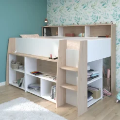 Lit mezzanine enfant 90x200 bois avec bureau escamotable et rangements - Terre de Nuit