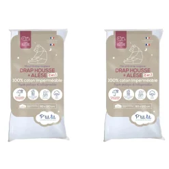 Lot de 2 draps housses bébé + alèses 2 en 1 coton imperméable blanc