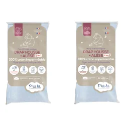 Lot de 2 draps housses bébé + alèses 2 en 1 coton imperméable gris