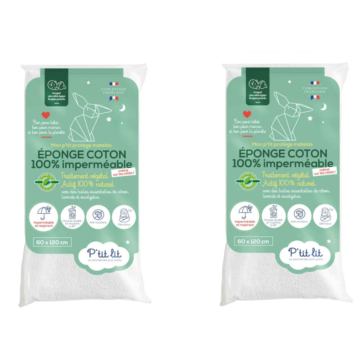 Lot de 2 protège matelas bébé éponge coton 100% imperméable et anti-acariens