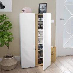 Meuble à chaussures avec 2 portes et 6 étagères réglables blanc