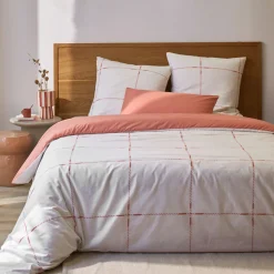 Parure de lit coton carreaux terracotta Terre de Nuit Axel