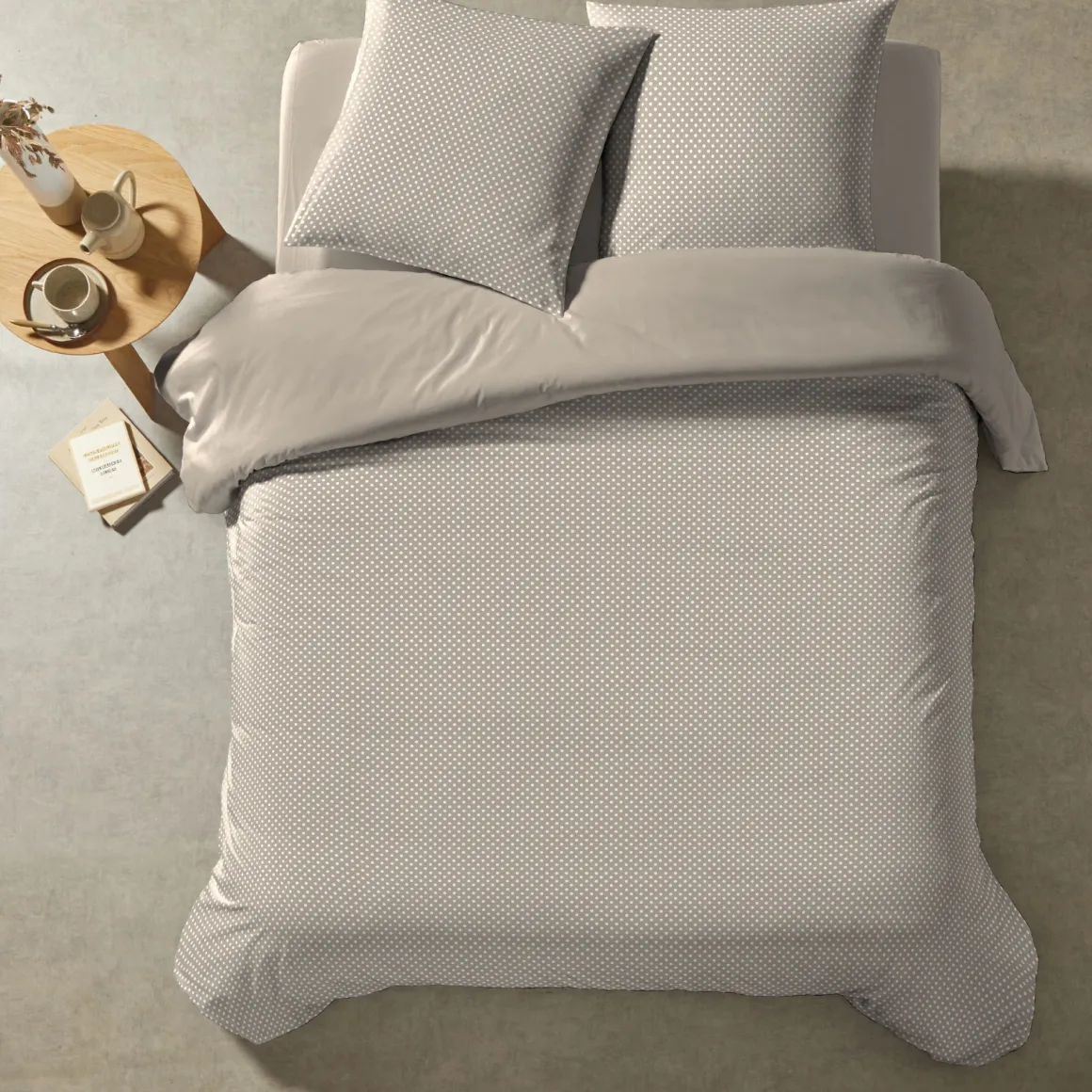 Parure de lit coton à pois taupe Terre de Nuit Auguste