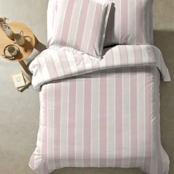 Parure de lit coton rayure rose Terre de Nuit Rosalie